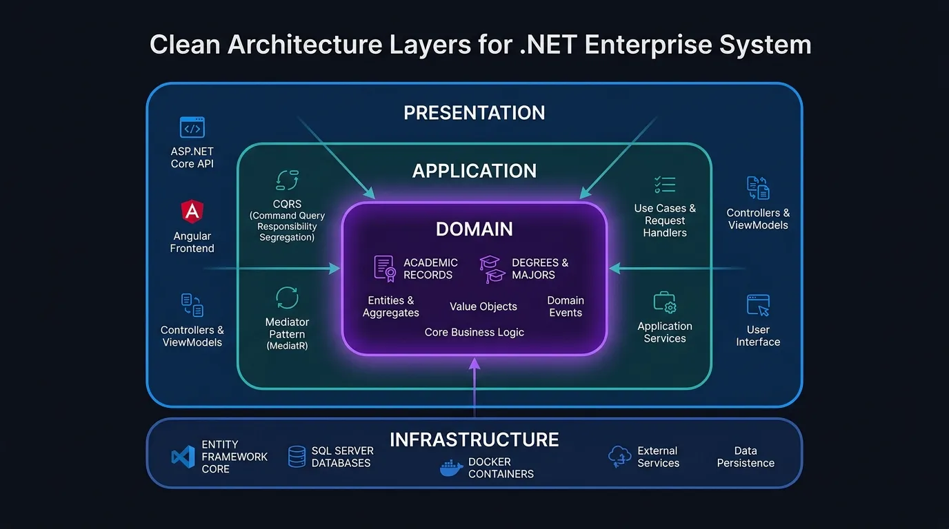 Infografía de capas concéntricas de Clean Architecture y DDD para .NET Enterprise