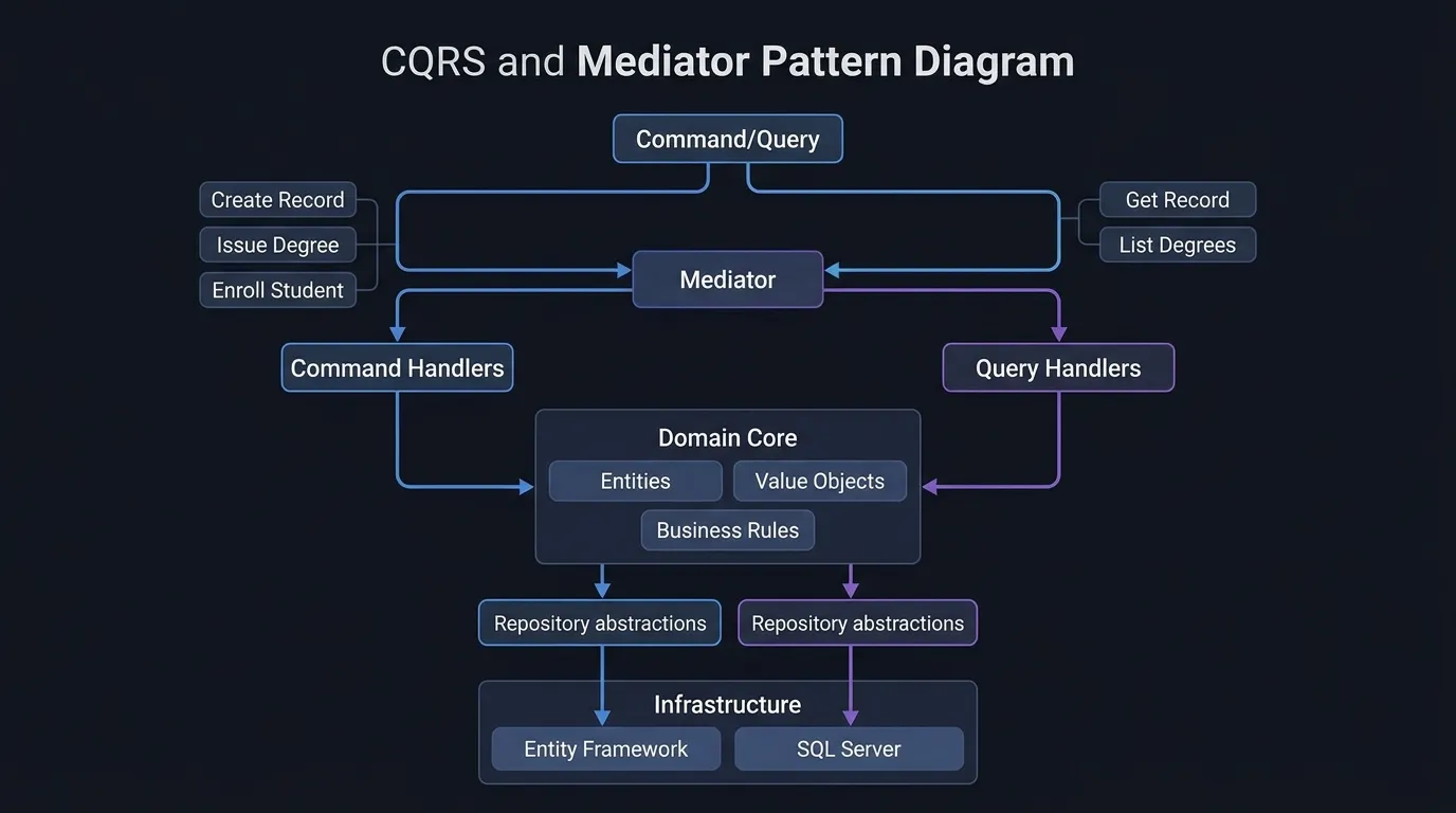 Diagrama del patrón CQRS con Mediator: comandos, consultas, handlers y dominio